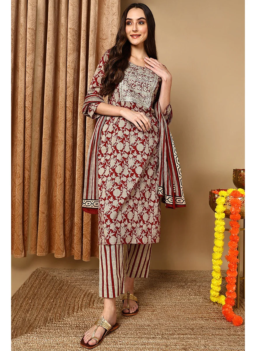 زيري سوق Maroon Rayon Blend Embroidered Floral Printed Straight Kurta Set