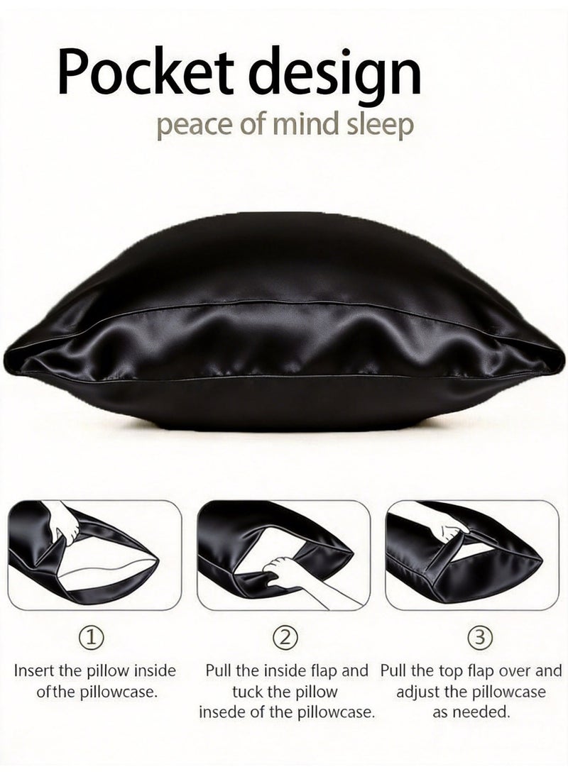 Hirospace Suitable silk satin pillowcases for hair and skin - Black silk pillowcases, 2 sets, 76 cm x 51 cm (30 inches x 20 inches) - 2 sets of silk pillowcase sets with envelope-style closures (2 pieces black) - Image 4