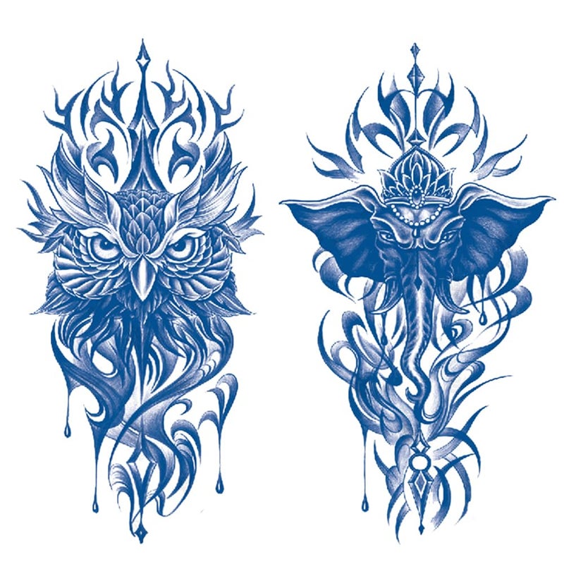 2 Sheets Semi Permanent Waterproof Temporary Tattoos, Lasts 1-2 Weeks, Realistic Look, No Adhesive, No Reflection Adult Body Art Stickers, Arm Owl Elephant Totem