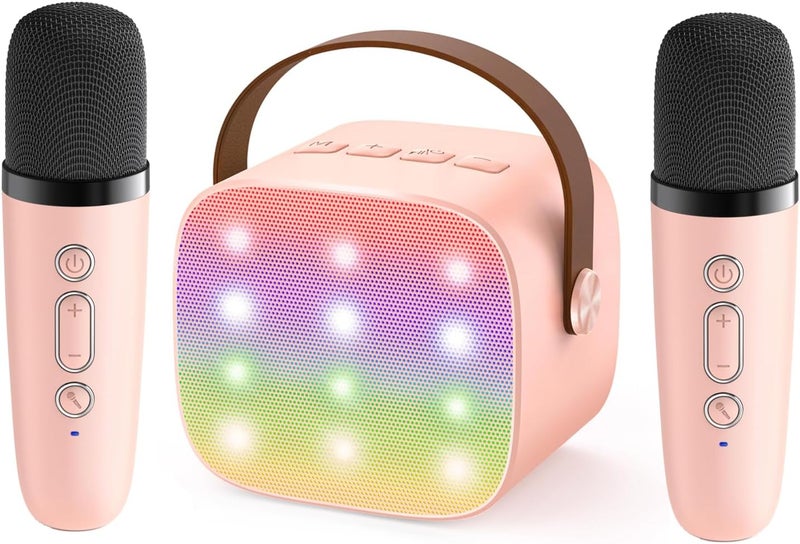 Mini Karaoke Machine for Kids & Adults, Portable Bluetooth Speaker with 2 Wireless Microphones, Rechargeable Karaoke System with LED Lights, Nursery Rhymes & Voice Effects, Birthday Gift for Girls Boy - Image 1