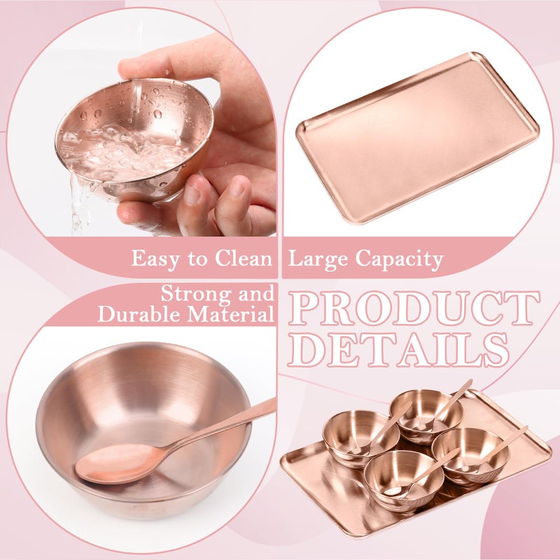 DLUGOPIS 9 Pcs Gold Facial Supplies Large Rose Gold Skincare Tray 4 Stainless Steel Facial Mask Mixing Bowls 4 Esthetician Mixing Spoons Spa Tray Esthetician Bowls for Mask Body Care Bathroom - Image 3