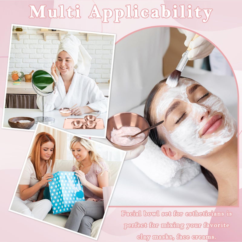 DLUGOPIS 9 Pcs Gold Facial Supplies Large Rose Gold Skincare Tray 4 Stainless Steel Facial Mask Mixing Bowls 4 Esthetician Mixing Spoons Spa Tray Esthetician Bowls for Mask Body Care Bathroom - Image 4