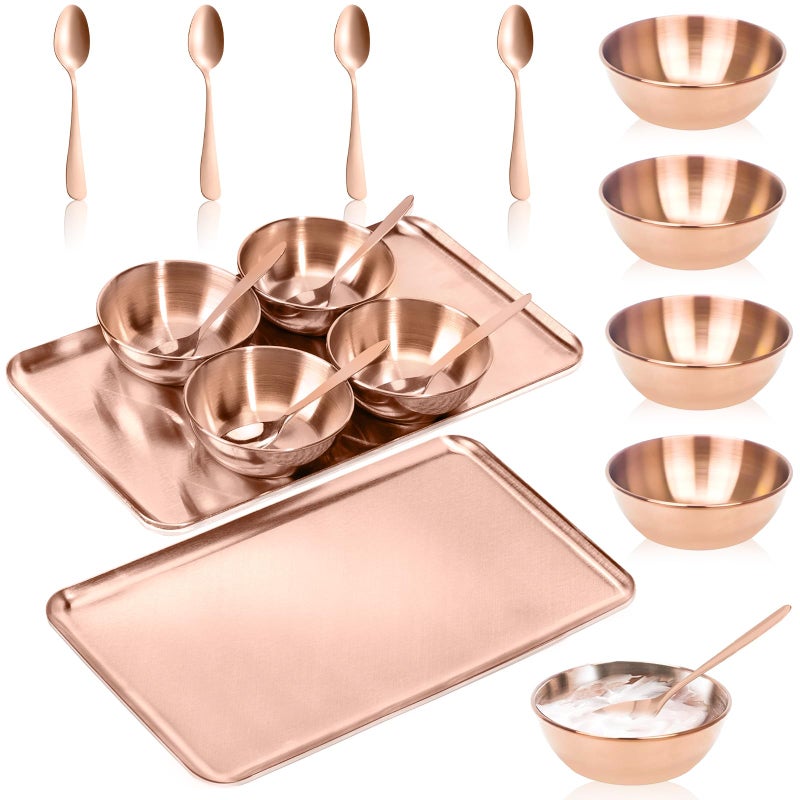 DLUGOPIS 9 Pcs Gold Facial Supplies Large Rose Gold Skincare Tray 4 Stainless Steel Facial Mask Mixing Bowls 4 Esthetician Mixing Spoons Spa Tray Esthetician Bowls for Mask Body Care Bathroom - Image 1