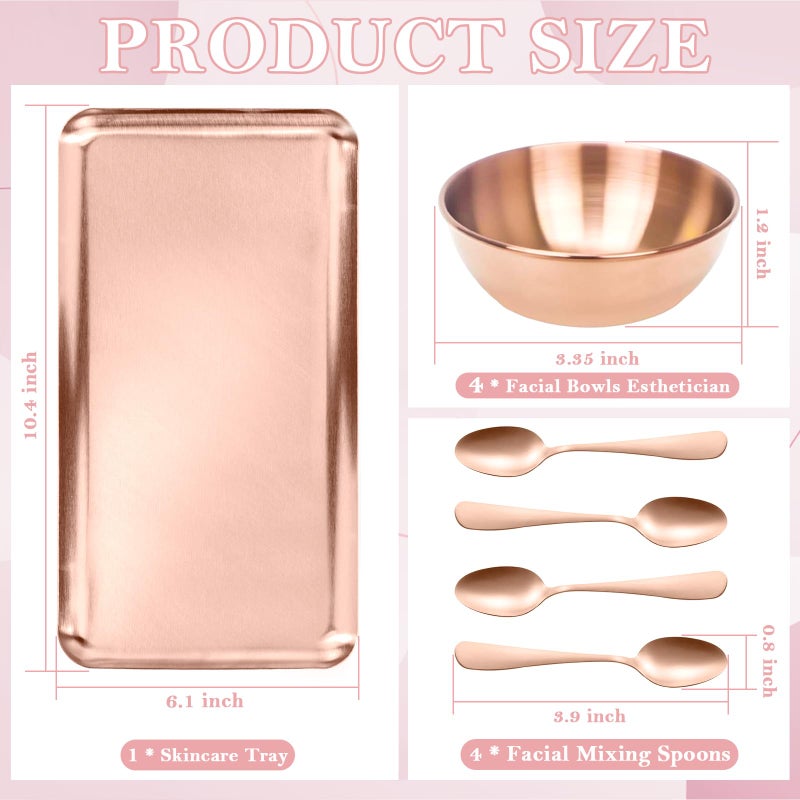 DLUGOPIS 9 Pcs Gold Facial Supplies Large Rose Gold Skincare Tray 4 Stainless Steel Facial Mask Mixing Bowls 4 Esthetician Mixing Spoons Spa Tray Esthetician Bowls for Mask Body Care Bathroom - Image 2