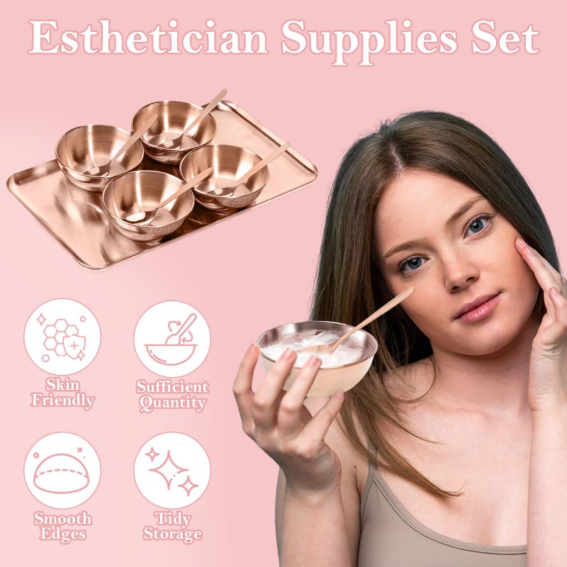 DLUGOPIS 9 Pcs Gold Facial Supplies Large Rose Gold Skincare Tray 4 Stainless Steel Facial Mask Mixing Bowls 4 Esthetician Mixing Spoons Spa Tray Esthetician Bowls for Mask Body Care Bathroom - Image 5