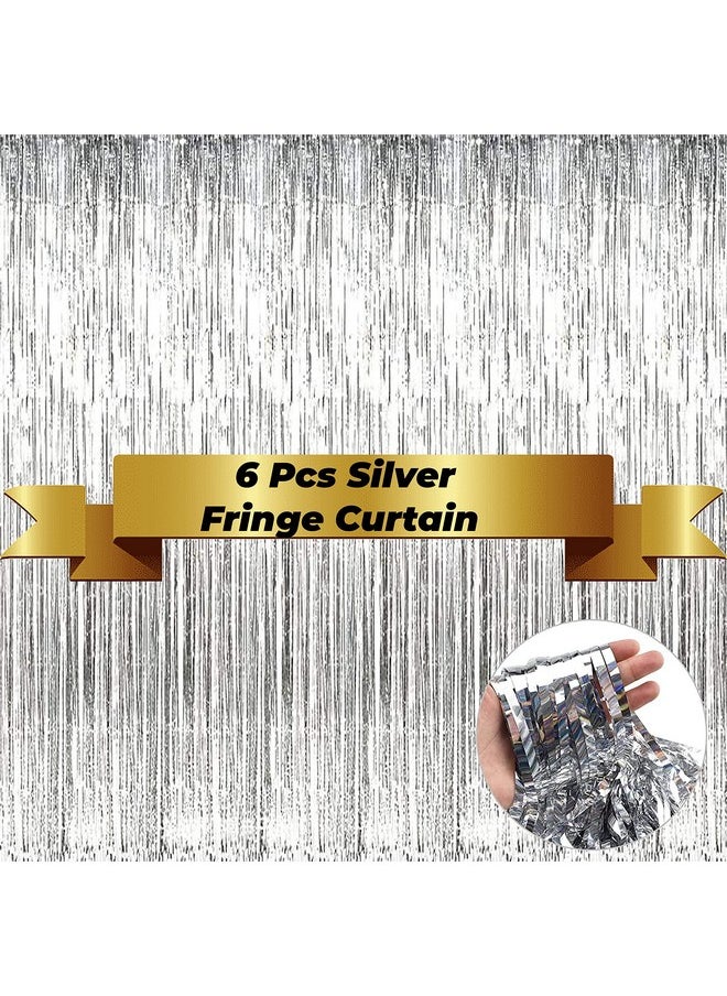 توي إكس إي - ستائر TOYXE Foil Fringe Tinsel لتزيين خلفية الصور للحفلات باللون الفضي، عبوة من 6 قطع - Image 1