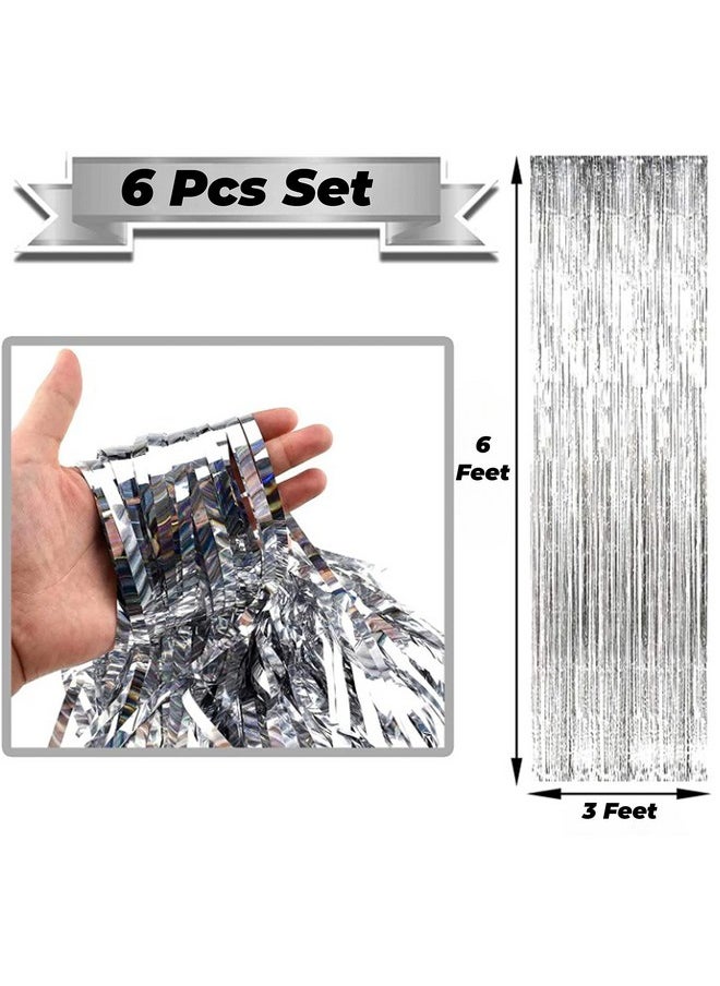 توي إكس إي - ستائر TOYXE Foil Fringe Tinsel لتزيين خلفية الصور للحفلات باللون الفضي، عبوة من 6 قطع - Image 1