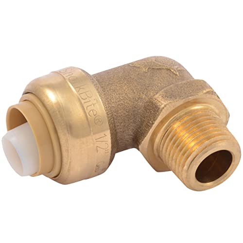 SharkBite 1/2 Inch x 3/8 Inch 90 Degree Dishwasher Elbow, MNPT, Push to Connect Brass Plumbing Fitting, PEX Pipe, Copper, CPVC, PE-RT, HDPE, U281LFA - Image 1