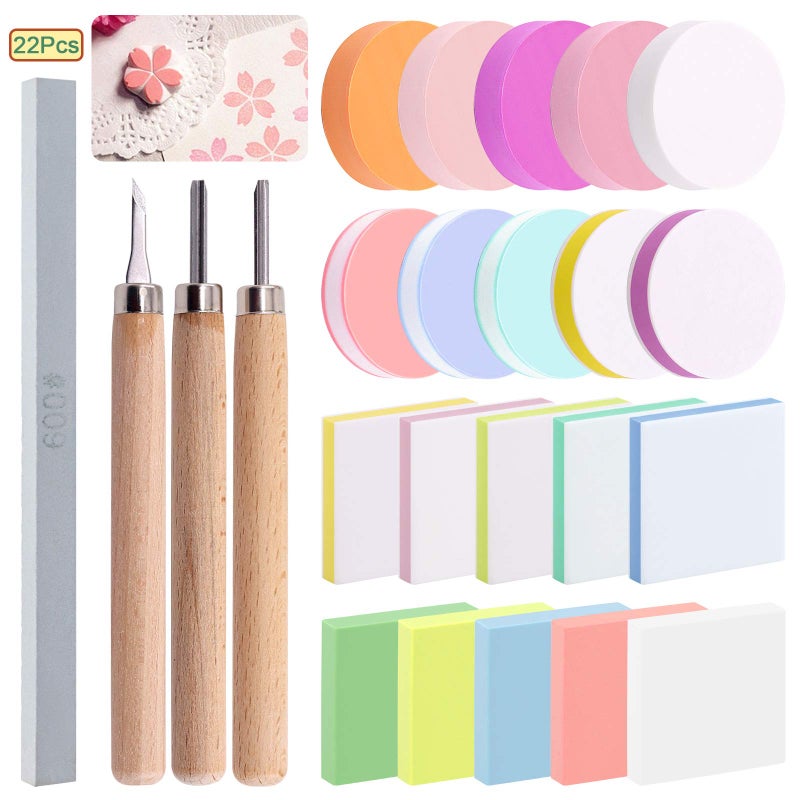 Keadic 24 Pieces Block Printing Starter Tool Kit Rubber Stamps Making Set with Round Square Rubber Carving Blocks Linoleum Cutter Tools Grindstone for Stamp Carving and Printmaking
