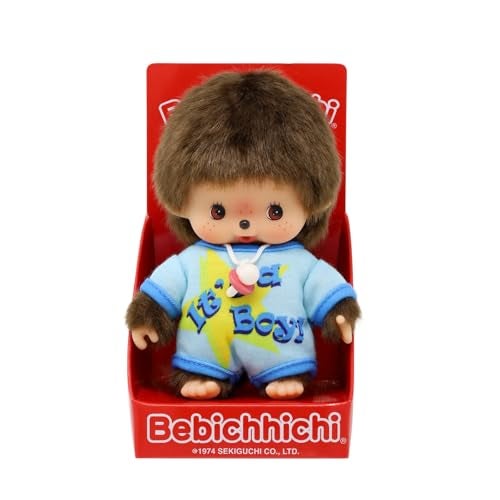Sekiguchi 203840 Original Bebichhichi Boy Plush Toy with Light Blue Romper Approx 14 cm Large Cuddly Toy Made of Brown Plush - Image 1