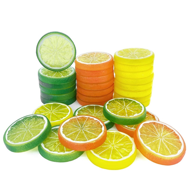 Lorigun 30pcs Fake Lemon Slice Garnish Artificial Fruit Faux Food House Bar Decoration Cocktail Party ArrangementRed Green YellowEach Color 10Pcs