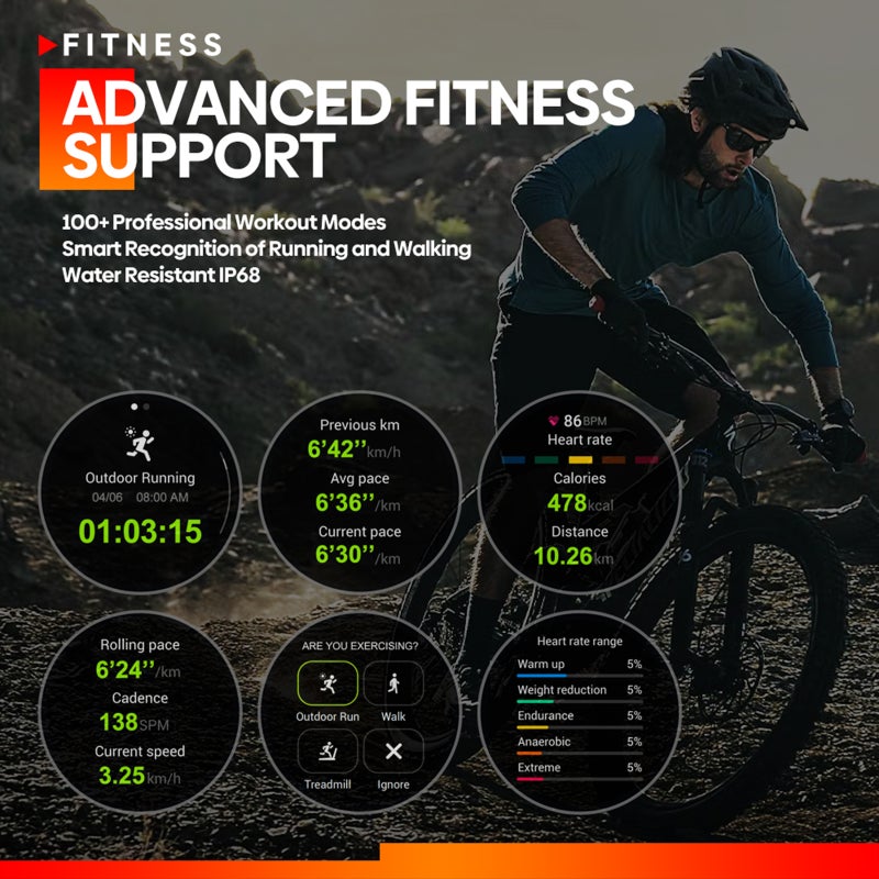 ساعة رياضية سوار ذكي ستراتوس 3 بشاشة لمس كاملة AMOLED مقاس 1.43 بوصة ومتتبع لياقة بدنية ومقاوم للماء بنظام IP68 ومكالمة عبر بلوتوث ومشعر لأكسجين الدم والنوم ومعدل النبض وعدة أنماط رياضية - Image 4