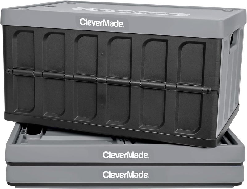 CleverMade Collapsible Storage Bins with Lids - Stone 3 Pack 62L - Plastic Containers Stackable Organization Crates Home Closet Space-Saving Durable - Image 1