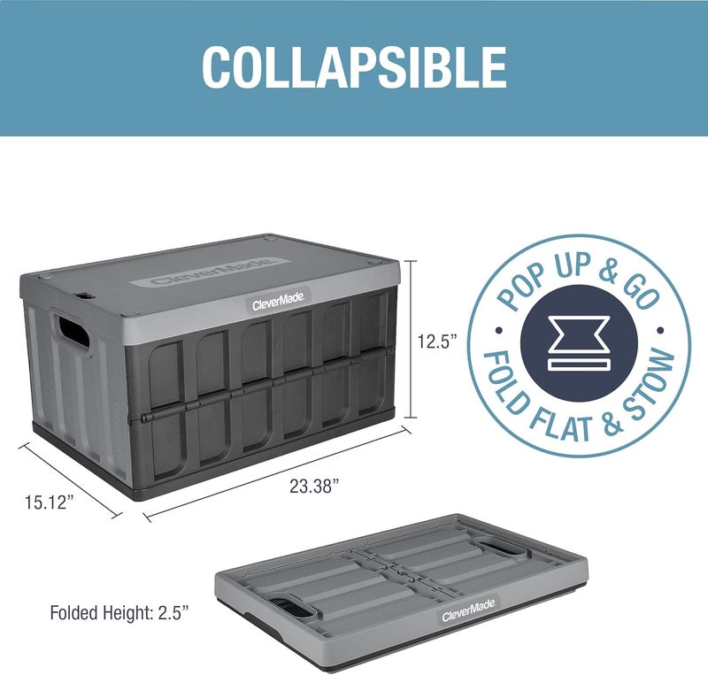 CleverMade Collapsible Storage Bins with Lids - Stone 3 Pack 62L - Plastic Containers Stackable Organization Crates Home Closet Space-Saving Durable - Image 2