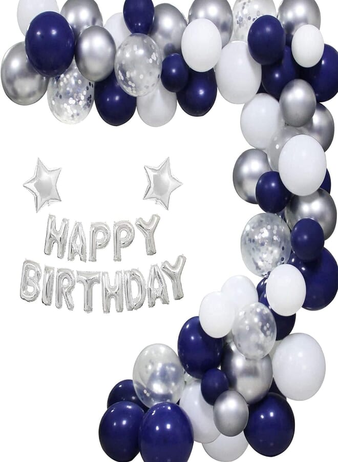 Secret Happy Birthday Balloon Banner Silver 16 inch Balloon Arch & Kit,62 Pcs Navy Blue White Latex Balloons Silver Confetti Balloons Set with 16ft Balloon Strip Tape, 100 Glue Points & Ribbon
