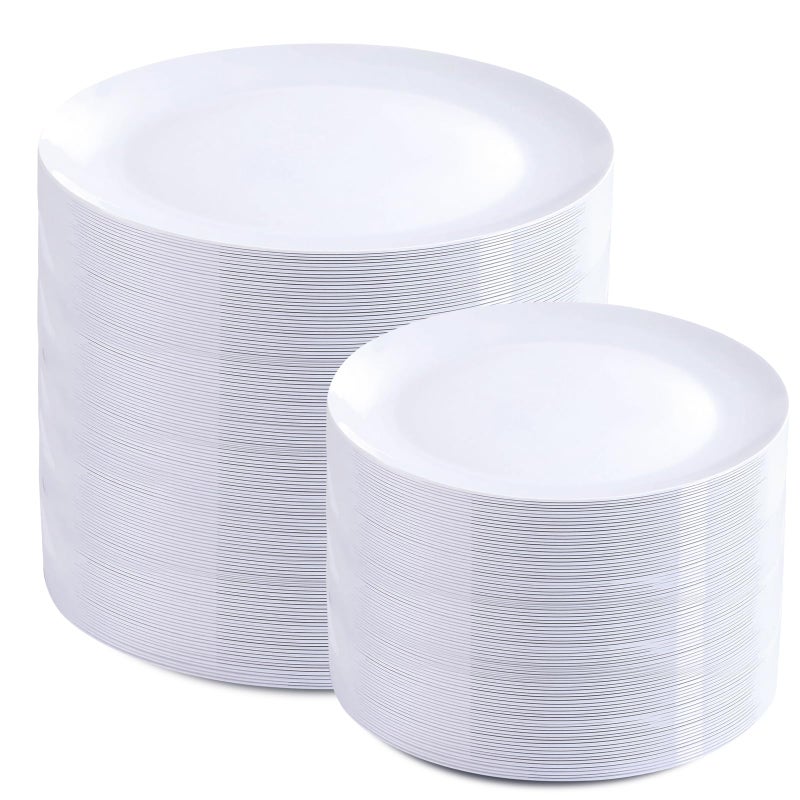 PULOTE 200 Pieces White Plastic Plates Disposable - Include 100PCS 10 inch Dinner & 100PCS 7 inch Dessert Plates, Ideal for Party & Wedding - Image 1