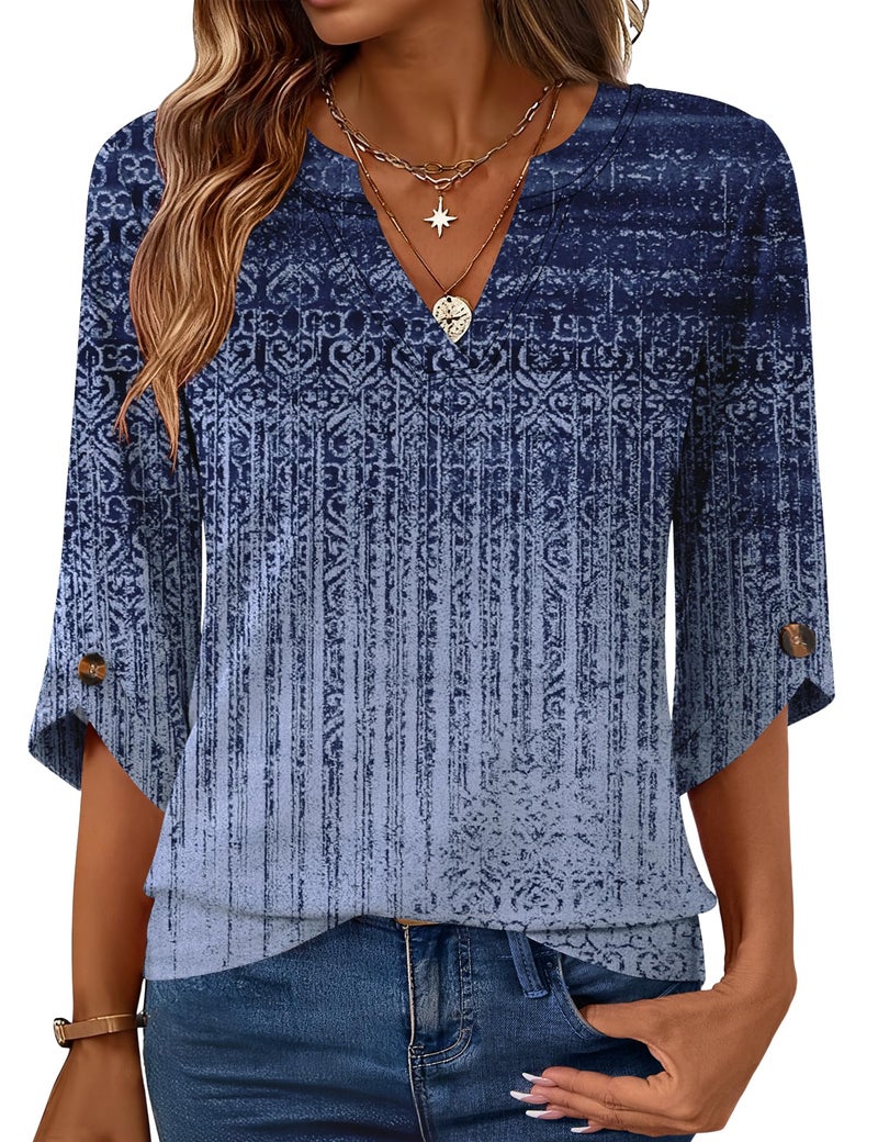 Kistore Blouses for Women Dressy Casual 3/4 Sleeve V Neck Tops Gradient Shirts School Outfits for Teachers Navy Blue M - Image 1