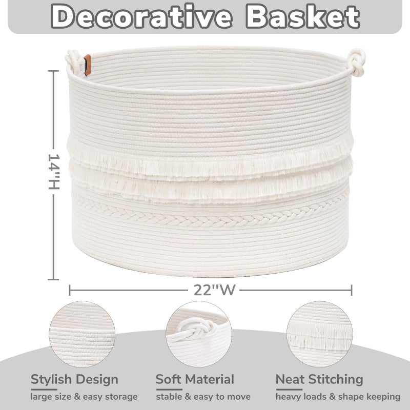 CherryNow 22"x22"x14" Large Blanket Basket, Home DÃ©cor for Living Room Bedroom, Boho Decorative Laundry Basket for Clothes, Baby Toy Storage, White - Image 4