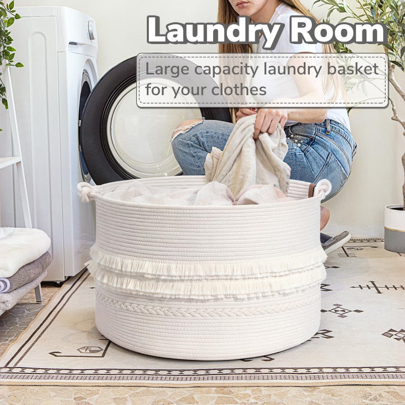 CherryNow 22"x22"x14" Large Blanket Basket, Home DÃ©cor for Living Room Bedroom, Boho Decorative Laundry Basket for Clothes, Baby Toy Storage, White - Image 5