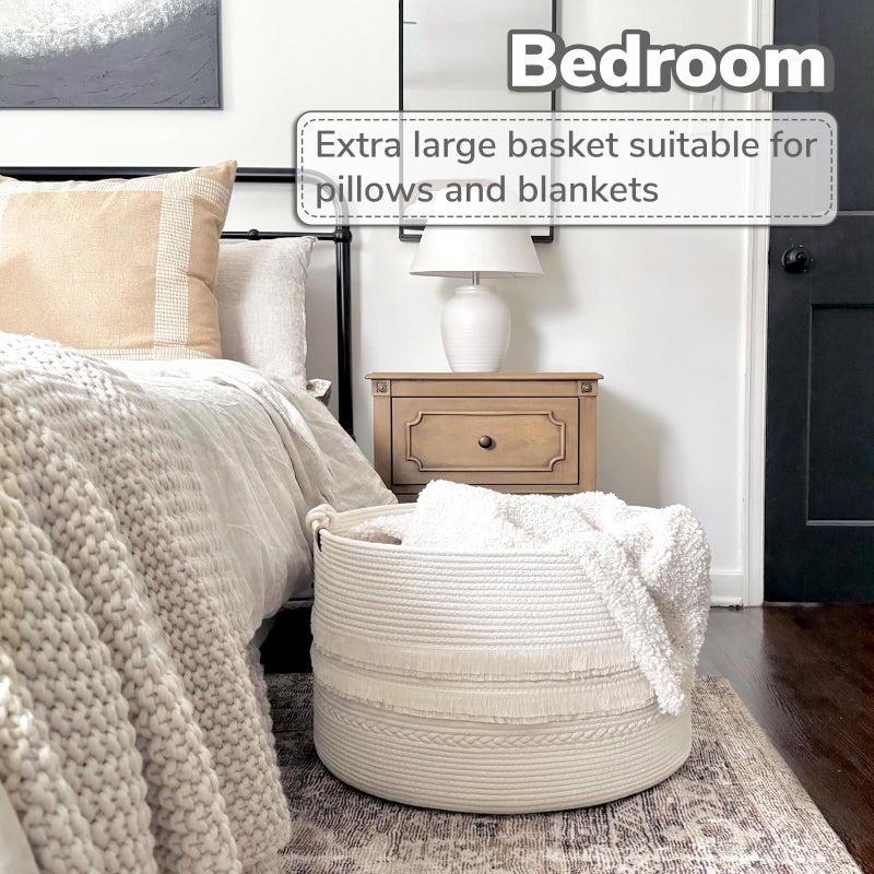 CherryNow 22"x22"x14" Large Blanket Basket, Home DÃ©cor for Living Room Bedroom, Boho Decorative Laundry Basket for Clothes, Baby Toy Storage, White - Image 3