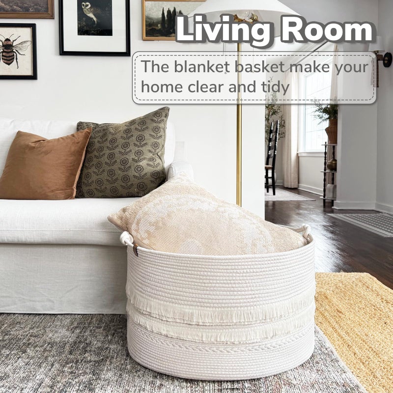CherryNow 22"x22"x14" Large Blanket Basket, Home DÃ©cor for Living Room Bedroom, Boho Decorative Laundry Basket for Clothes, Baby Toy Storage, White - Image 2