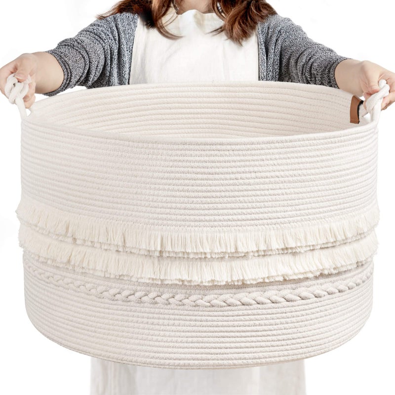CherryNow 22"x22"x14" Large Blanket Basket, Home DÃ©cor for Living Room Bedroom, Boho Decorative Laundry Basket for Clothes, Baby Toy Storage, White - Image 1