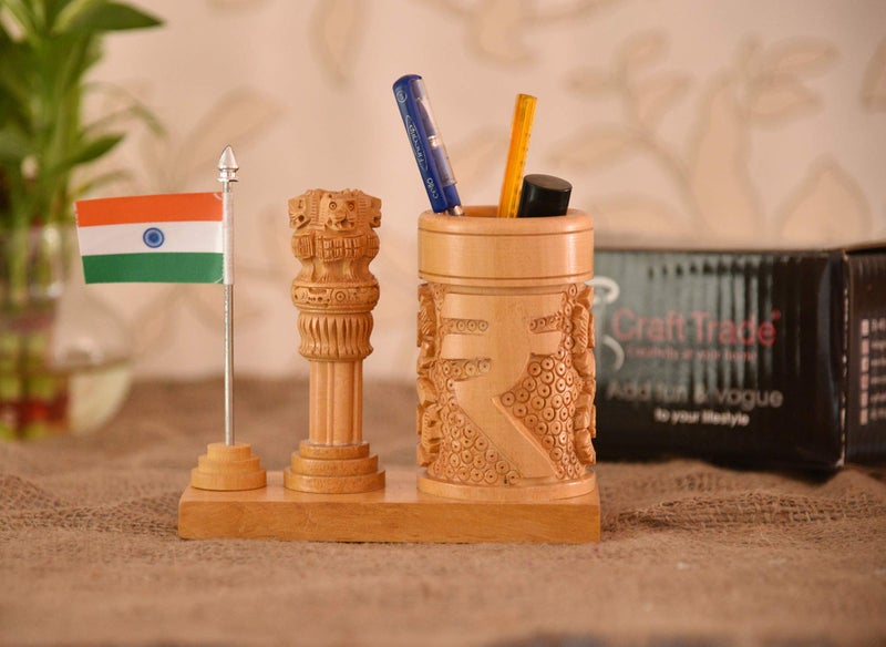 Craft Trade Wooden Pen Stand for Office Table with Ashok Stambh Pillar and National Flag Pencil Holder Desk Organizer - Natural - Image 2