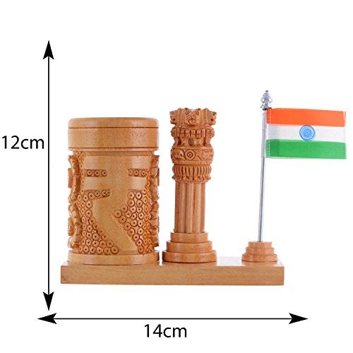 Craft Trade Wooden Pen Stand for Office Table with Ashok Stambh Pillar and National Flag Pencil Holder Desk Organizer - Natural - Image 3