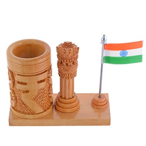 Craft Trade Wooden Pen Stand for Office Table with Ashok Stambh Pillar and National Flag Pencil Holder Desk Organizer - Natural - Image 5
