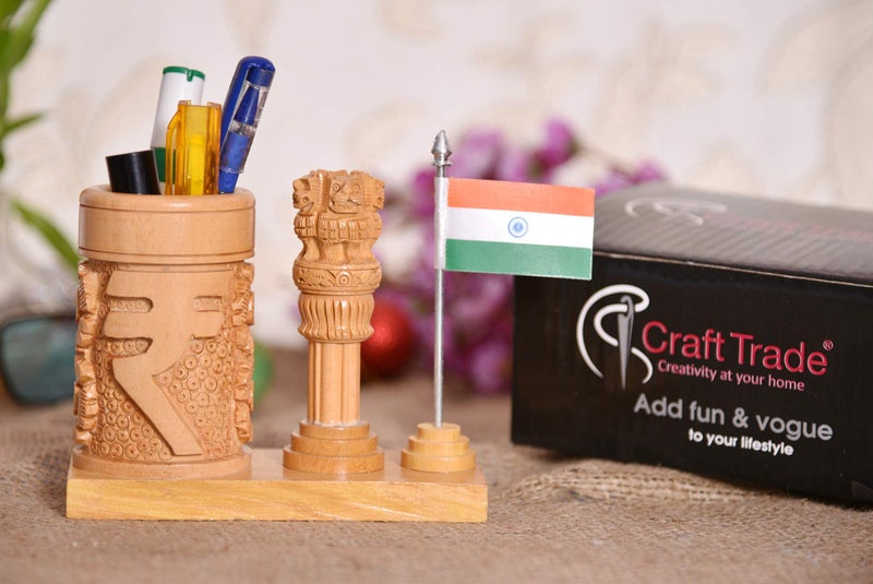 Craft Trade Wooden Pen Stand for Office Table with Ashok Stambh Pillar and National Flag Pencil Holder Desk Organizer - Natural - Image 4
