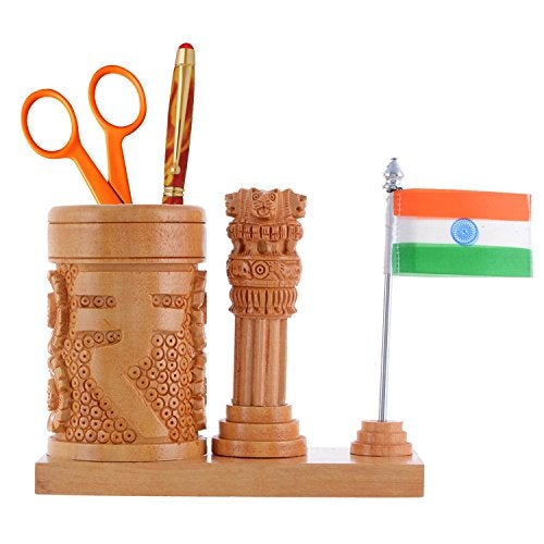 Craft Trade Wooden Pen Stand for Office Table with Ashok Stambh Pillar and National Flag Pencil Holder Desk Organizer - Natural - Image 1
