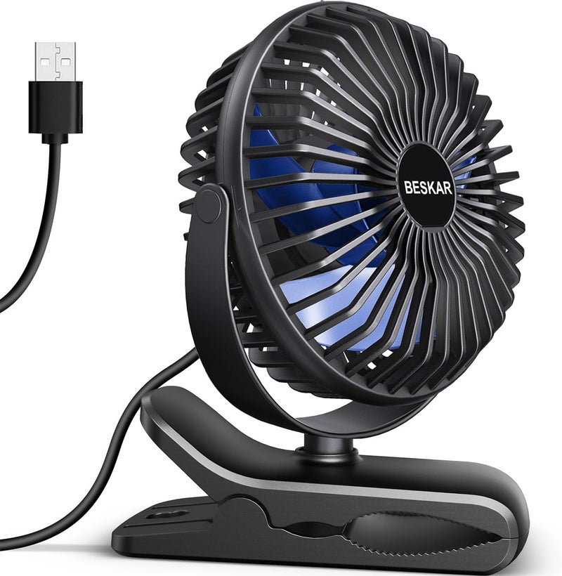 BESKAR مروحة قابلة للتثبيت على USB، مروحة صغيرة محمولة تعمل بالطاقة من خلال السلك، 3 سرعات تدفق هواء قوي، مع مشبك قوي، مروحة مكتبية شخصية هادئة - Image 1