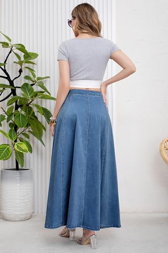 ebossy Women's Retro High Waisted Button Fly Flared Long Jean Skirts Pleated Flowy Swing A-line Denim Maxi Skirts (XL, Blue) - Image 5