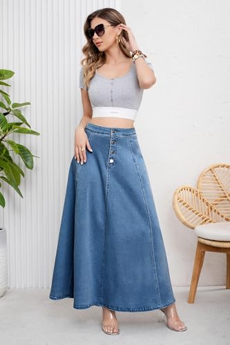 ebossy Women's Retro High Waisted Button Fly Flared Long Jean Skirts Pleated Flowy Swing A-line Denim Maxi Skirts (XL, Blue) - Image 3
