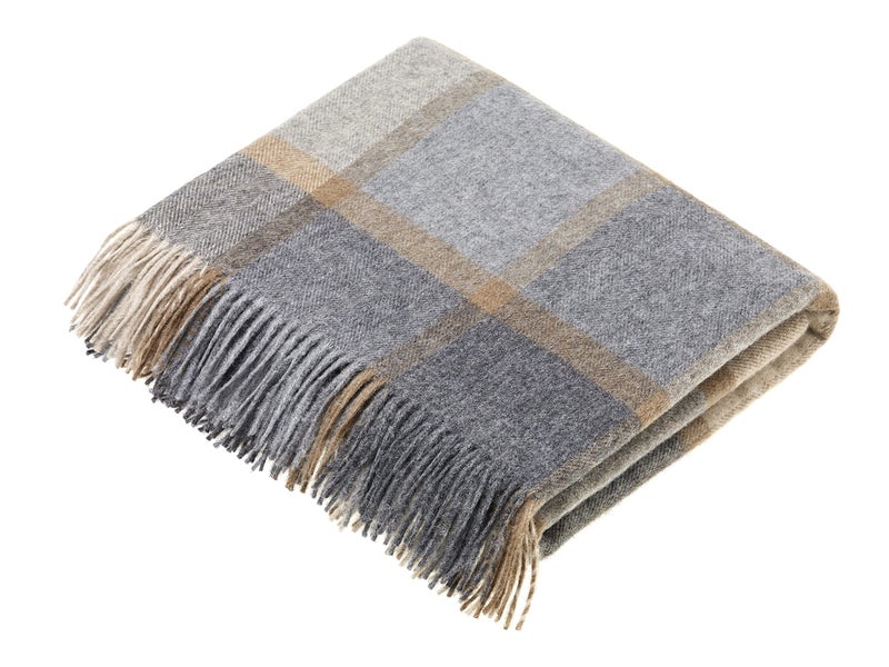 Moon Wool Plaid Throw Blanket Merino Lambswool Block Windowpane Beige Grey Made in UK