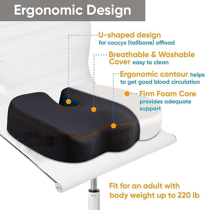 EASEFIT EASEFIT Pro Ergonomic Seat Cushion for Tailbone Hip Coccyx Sciatica Pain Relief HighDensity HiPer Foam Contoured Support for Office Home and Desk Chairs Premium Comfort Durability  - Image 3