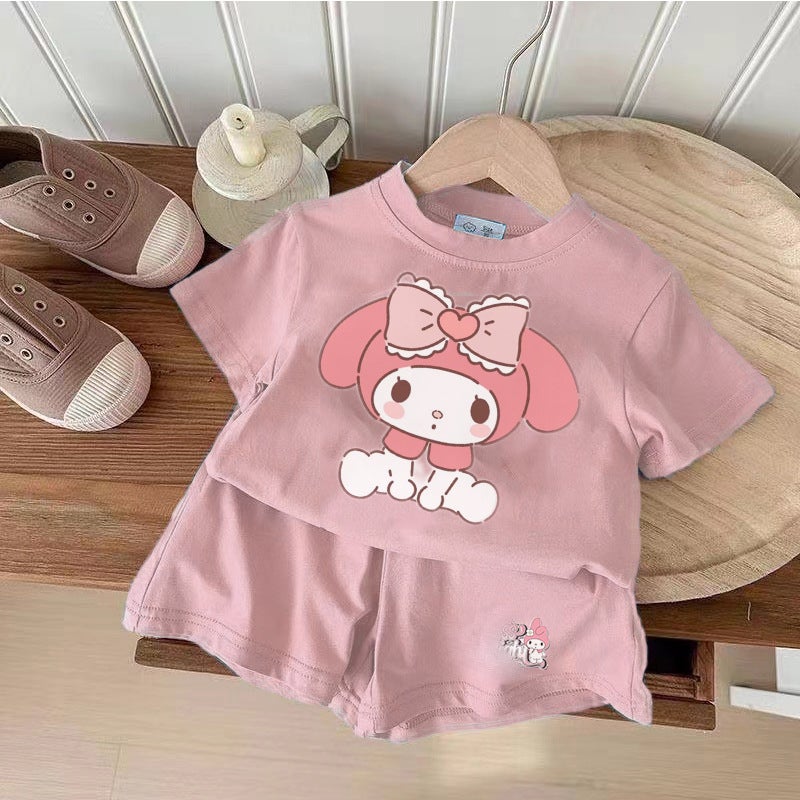 New arrival small and medium girl baby dopamine cartoon fashion simple T-shirt ins shorts two-piece suit summer [Pink] suit 038#