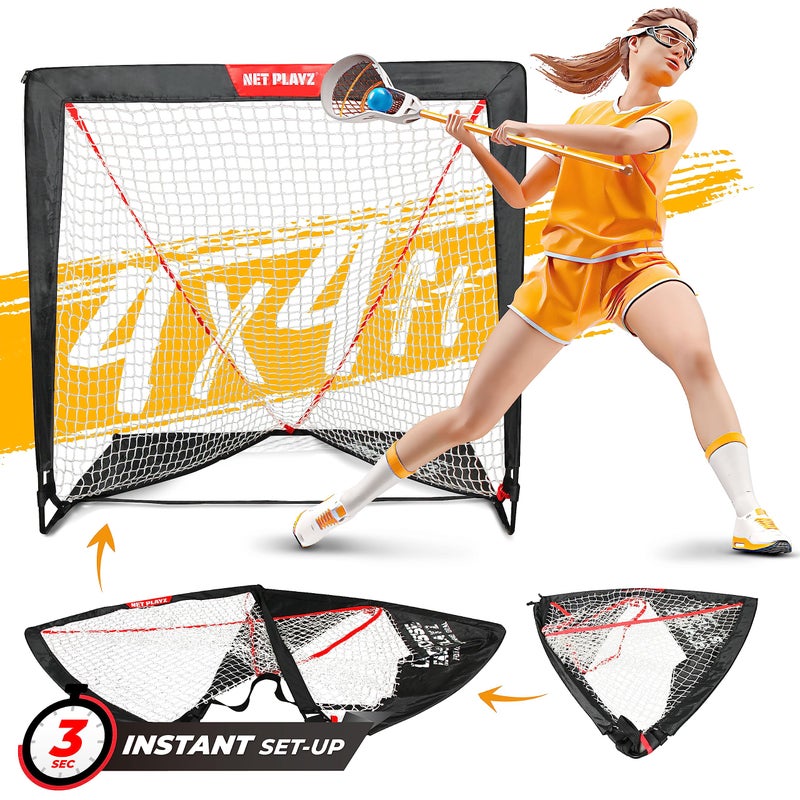 NET PLAYZ 4 x 4 x 4 Feet Lacrosse Goal Fast Install Fiberglass Frame Lightweight Foldable Portable Carry Bag Included BlackNOH445402021