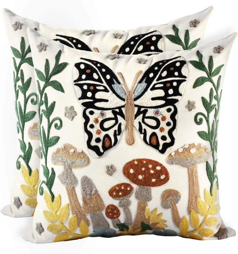 Kokaaee Embroidered Throw Pillow Covers 18x18 Inch - Set of 2 Summer Decorative Pillow Covers with Zipper Aesthetic Cute Design Throw Pillowcases for Couch Sofa Bed, Butterfly Moon - Image 1