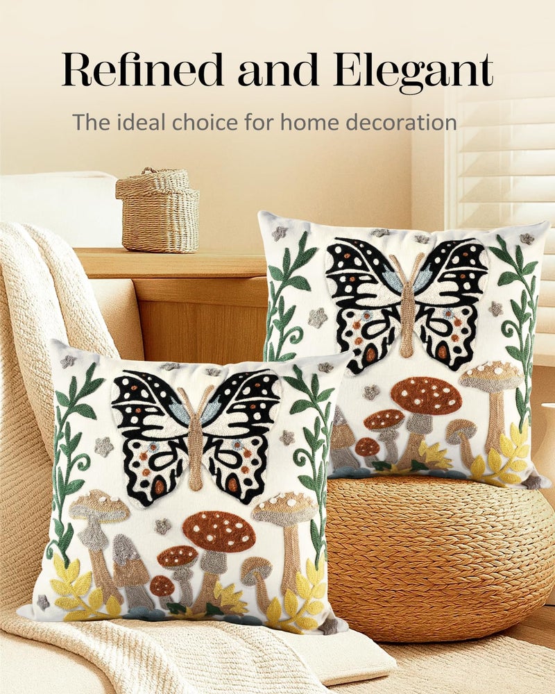 Kokaaee Embroidered Throw Pillow Covers 18x18 Inch - Set of 2 Summer Decorative Pillow Covers with Zipper Aesthetic Cute Design Throw Pillowcases for Couch Sofa Bed, Butterfly Moon - Image 5