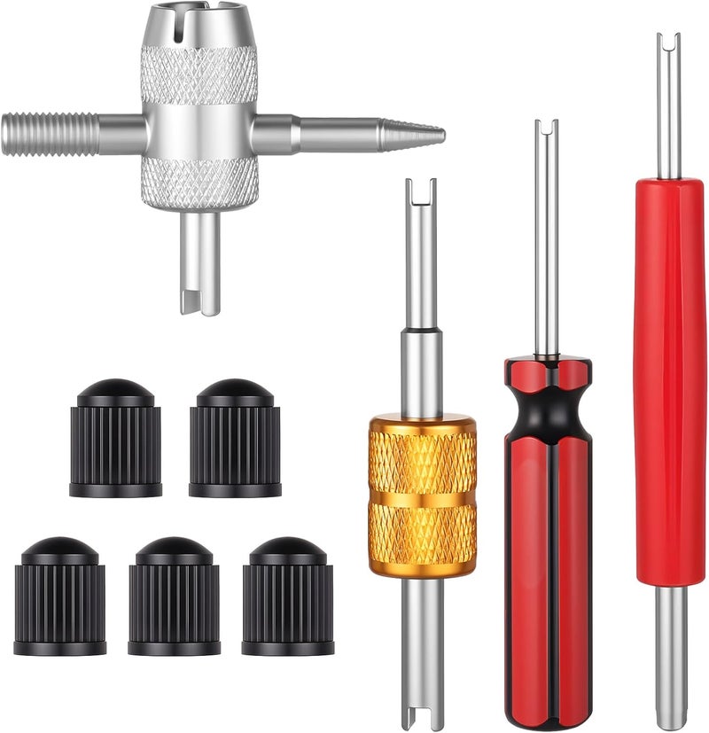 Bruislard 9Pcs Valve Core Removal Tool Spool Removal and Installation Tool Dual & Single Head Tire Valve Stem Tools 4-Way Valves Stem Wrench Extractor Multi Function for Car Truck Air Conditioner with Dust Caps - Image 1