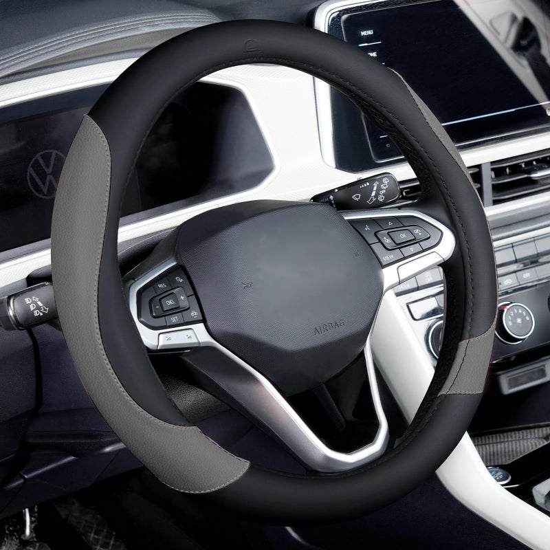 Coverado Car Steering Wheel Cover, Nappa Leather Black & Gray Steering Wheel Covers, Universal 14-15 inch, Anti-Slip, Breathable Steering Wheel Protector for Women Men - Image 1