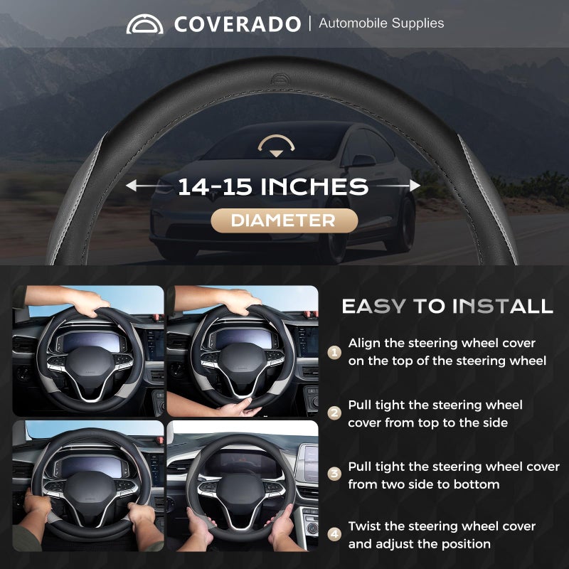 Coverado Car Steering Wheel Cover, Nappa Leather Black & Gray Steering Wheel Covers, Universal 14-15 inch, Anti-Slip, Breathable Steering Wheel Protector for Women Men - Image 5