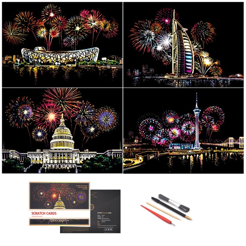 BOTEEN Scratch Painting Rainbow Paper by BOTEEN Sketch DIY Art Craft City Series Night View Creative Gift Scratchboard for Adults and Kids Craft Kits with 4 Tools A4 4pack - Image 2