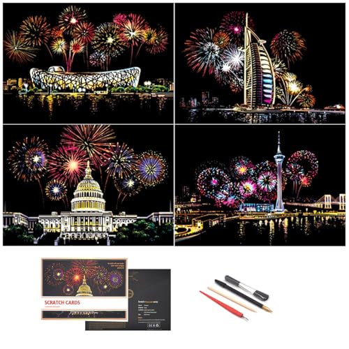 BOTEEN Scratch Painting Rainbow Paper by BOTEEN Sketch DIY Art Craft City Series Night View Creative Gift Scratchboard for Adults and Kids Craft Kits with 4 Tools A4 4pack - Image 1