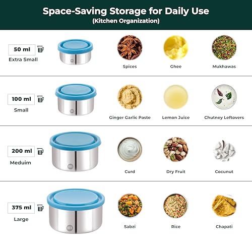 MARU Steel Dabba Set for Kitchen/Fridge - 4 (50ml, 100ml, 200ml, 375ml)Small Steel Containers/Organisers - Blue Airtight & Leakproof Silicon Lids - Ideal for Dips, Salad, Chutney, Curd, Snacks & More - Image 4