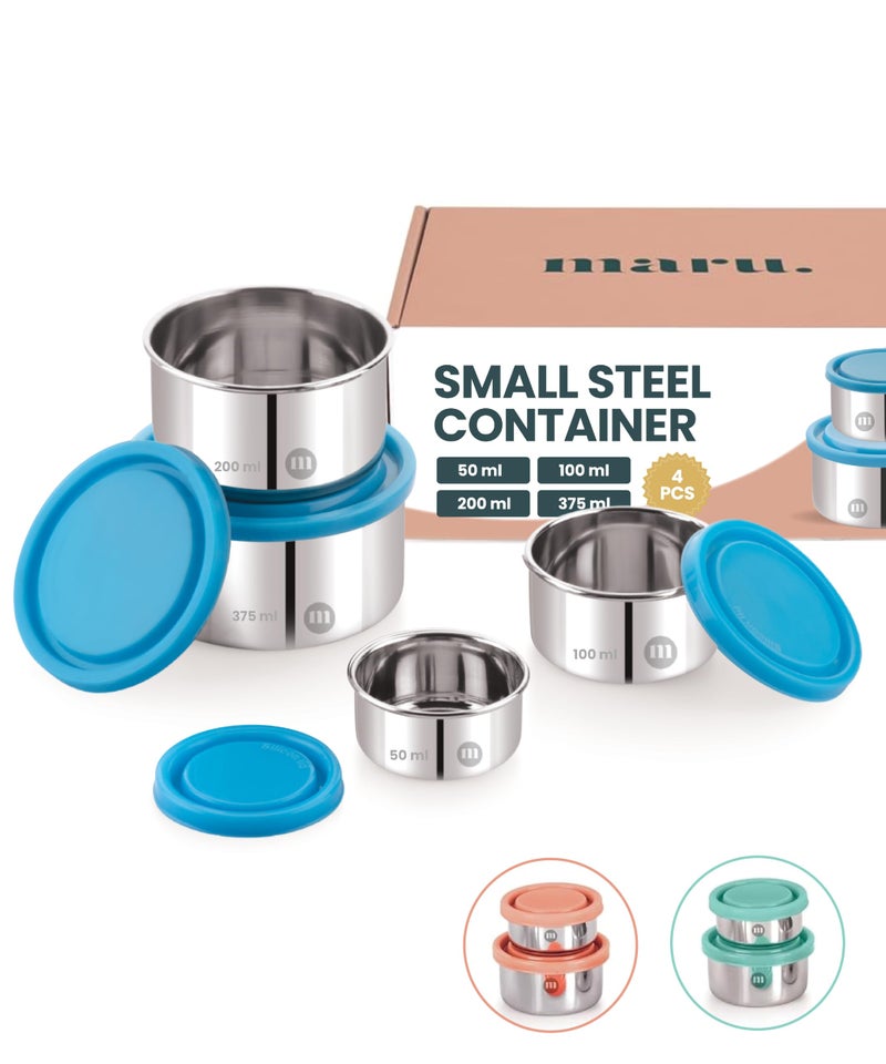 MARU Steel Dabba Set for Kitchen/Fridge - 4 (50ml, 100ml, 200ml, 375ml)Small Steel Containers/Organisers - Blue Airtight & Leakproof Silicon Lids - Ideal for Dips, Salad, Chutney, Curd, Snacks & More - Image 1