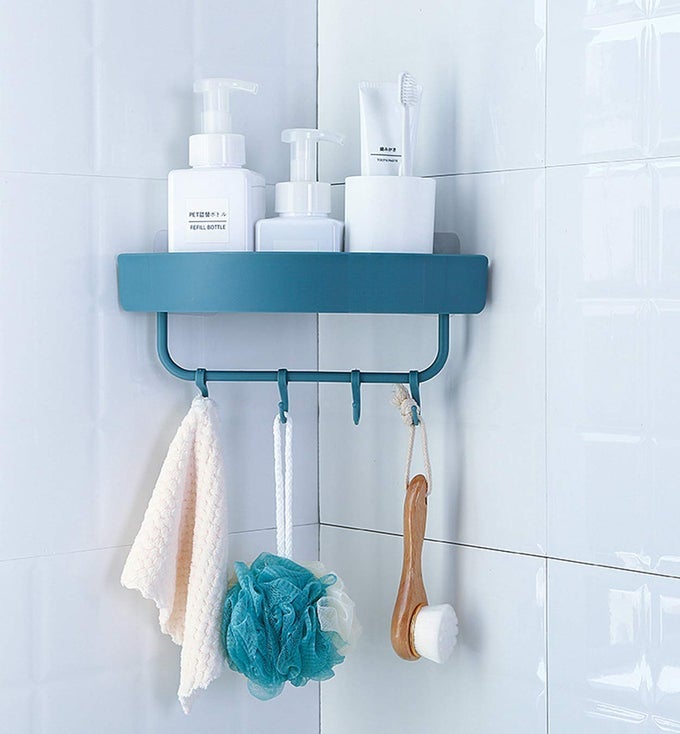PLASTIC BATHROOM SHELF WITH TOWEL BAR HOLDERTOWEL HOOKSBATHROOM AND KITCHEN WALL HANGING STORAGE SHELVES
