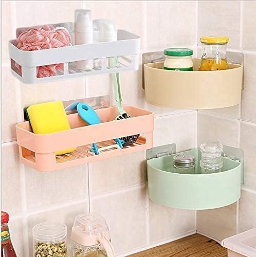 SHOPITECH Combo of 4 PCS Bathroom Kitchen ShelfWardrobe ShelfPerfume Rack Plastic Wall Shelf 2 Bathroom Shelves 2 Corner Shelf - Image 1