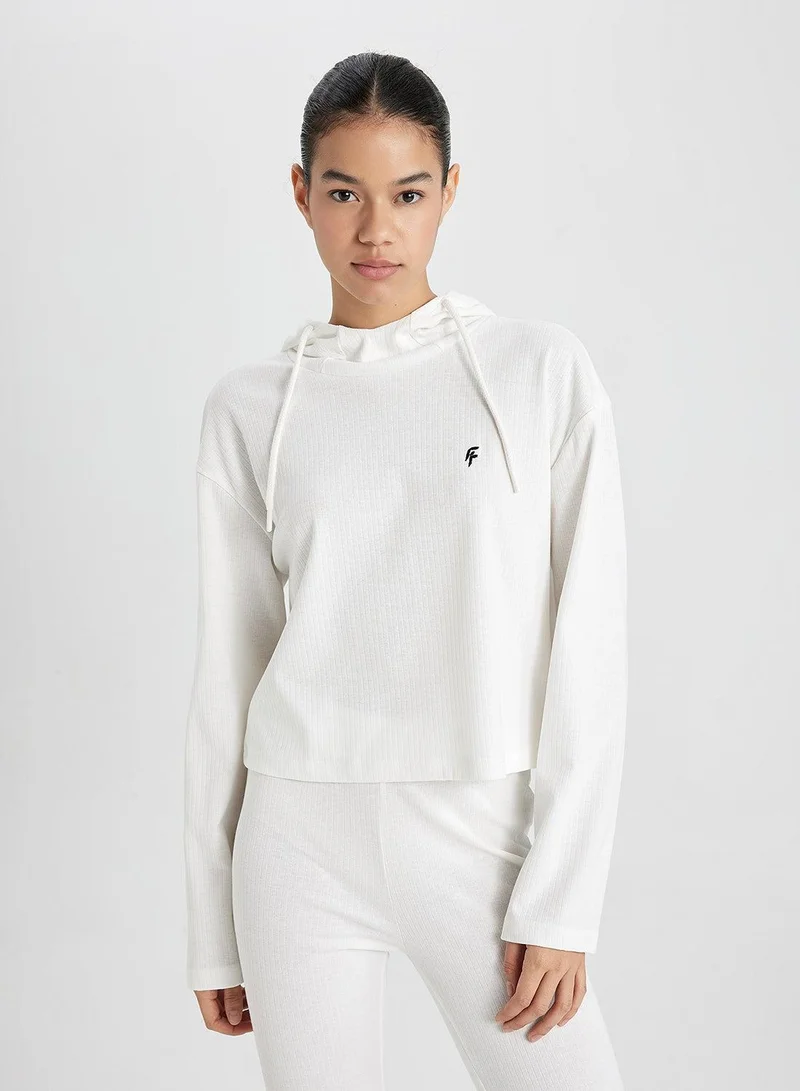 DeFacto Defactofit Standard Fit Hooded Embroidered Long Sleeve Ribbed T-Shirt